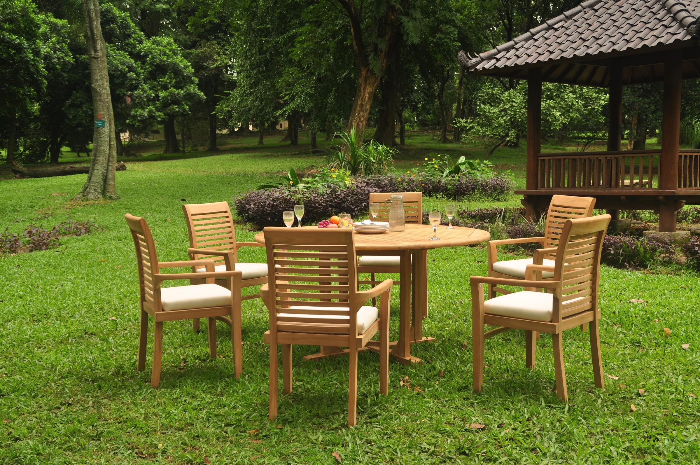 A Grade Teak 7pc Dining 60 Round Table 6 Mas Stacking Arm Chair Set