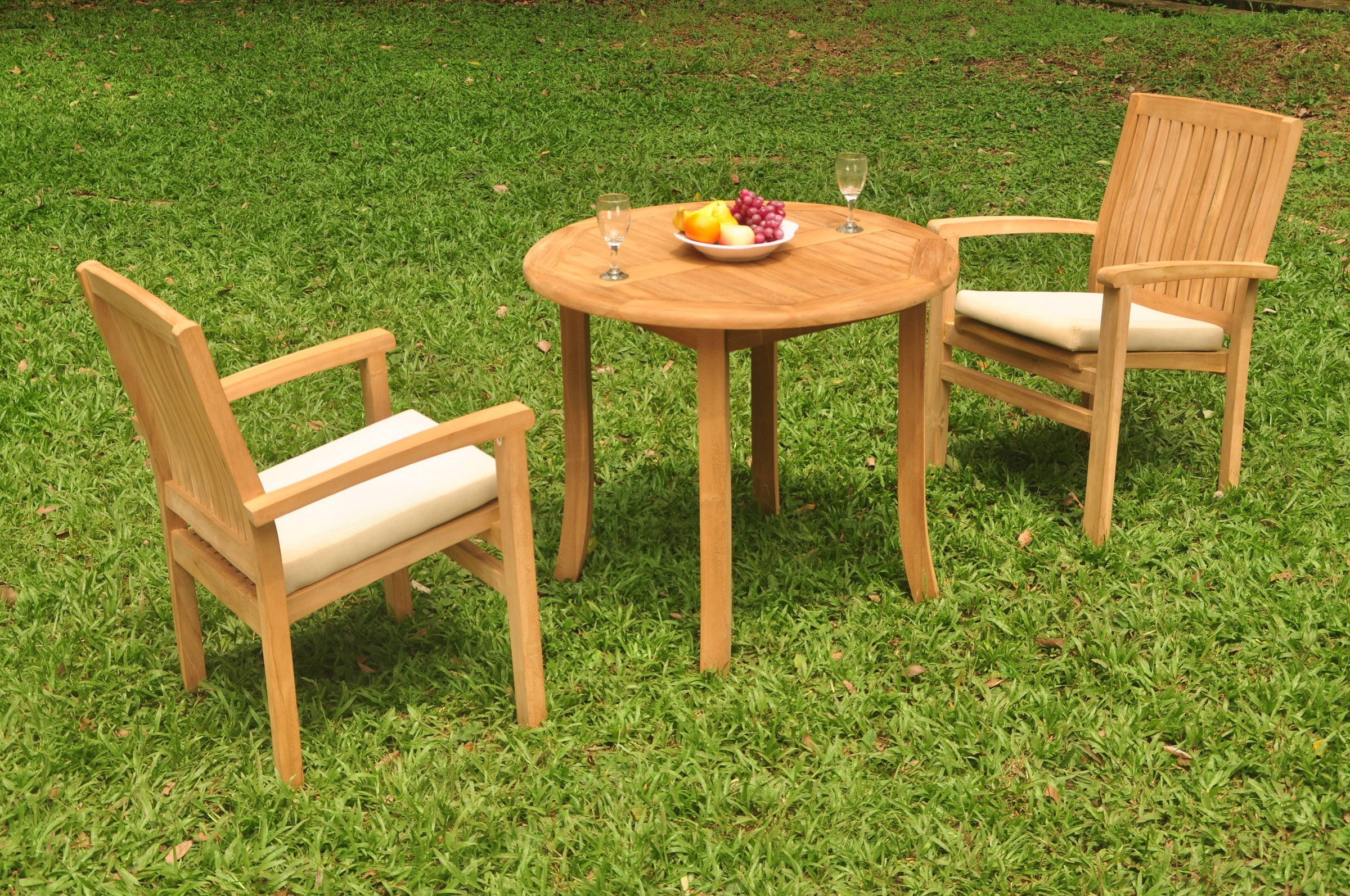 A Grade Teak 3pc Dining 36 Round Table 2 Wave Stacking Arm Chair